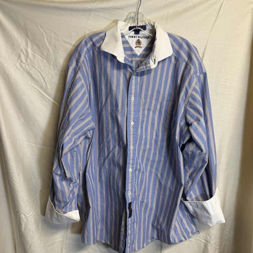 Vintage Tommy Hilfiger Blue Striped Button Up XL 17.5 35